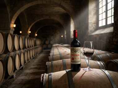 A bottle and glass of Pétrus resting on an oak barrel in a candlelit Pomerol cellar